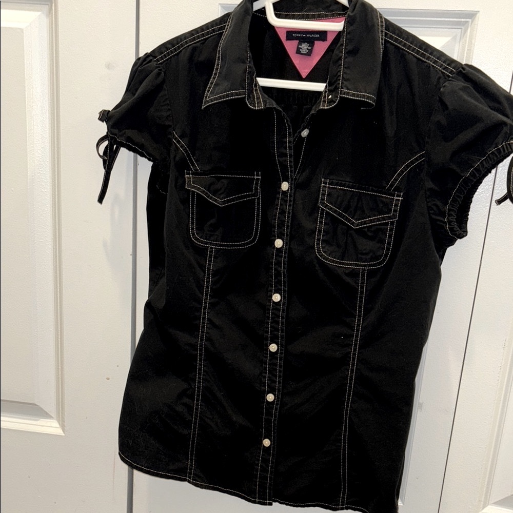 Tommy Hilfiger Short Sleeve Bow and Pocket Button Up Collared Shirt - Size M